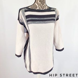 CHAPS Cotton Texture Weave Contrast Band Bateau Neck Pull Over Blouse Top XL